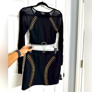 Bebe Two Piece | Mesh Longsleeve Crop Top Mini Skirt Set